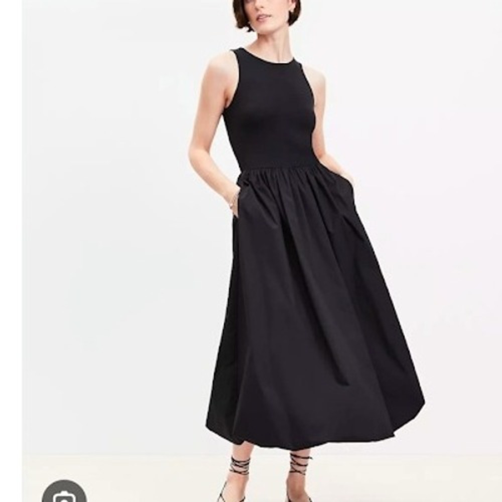 LOFT Black Poplin Bubble Mixed Media Midi Dress Sleeveless‎ XXS New with Tags